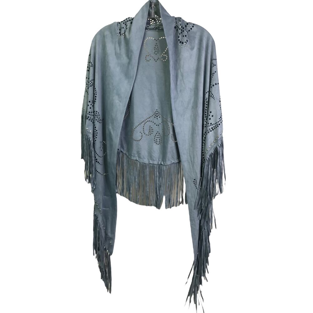 Curations Caravan Scarf Womens OS Light Blue Faux Suede Wrap Boho Studded Shawl